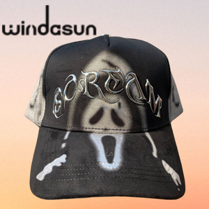 Cappello da camionista a 5 pannelli con visiera larga in pelle scamosciata, stile Racing X Corridos Tumbados X Ct con logo in metallo, disponibile all'ingrosso - Product Image 4