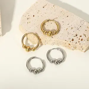 Geometric hoop 14K gold vacuum plated three ball tribal earrings jewelry stainless steel adjustable bead earring for girls