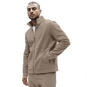 Men's Beige <b>Zip</b>-Up Knitted <b>Hooded</b> Jacket Solid Color Winter Wear Waterproof Windproof Eco-Friendly - Product Image 1