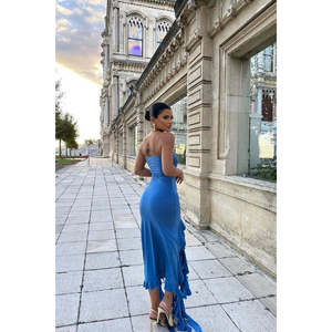 Vestido de Gala Indigo sin Tirantes con Abertura Profunda, de Satén y Poliéster, con Cintura Imperio, Estilo Formal para Fiesta, Vintage, Talla XL, para Verano - Product Image 1