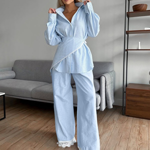 Women's Patchwork Lace Striped Collar Long-Sleeve Shirt & Casual Wide-Leg <b>Pants</b> Set Fashion - Product Image 1