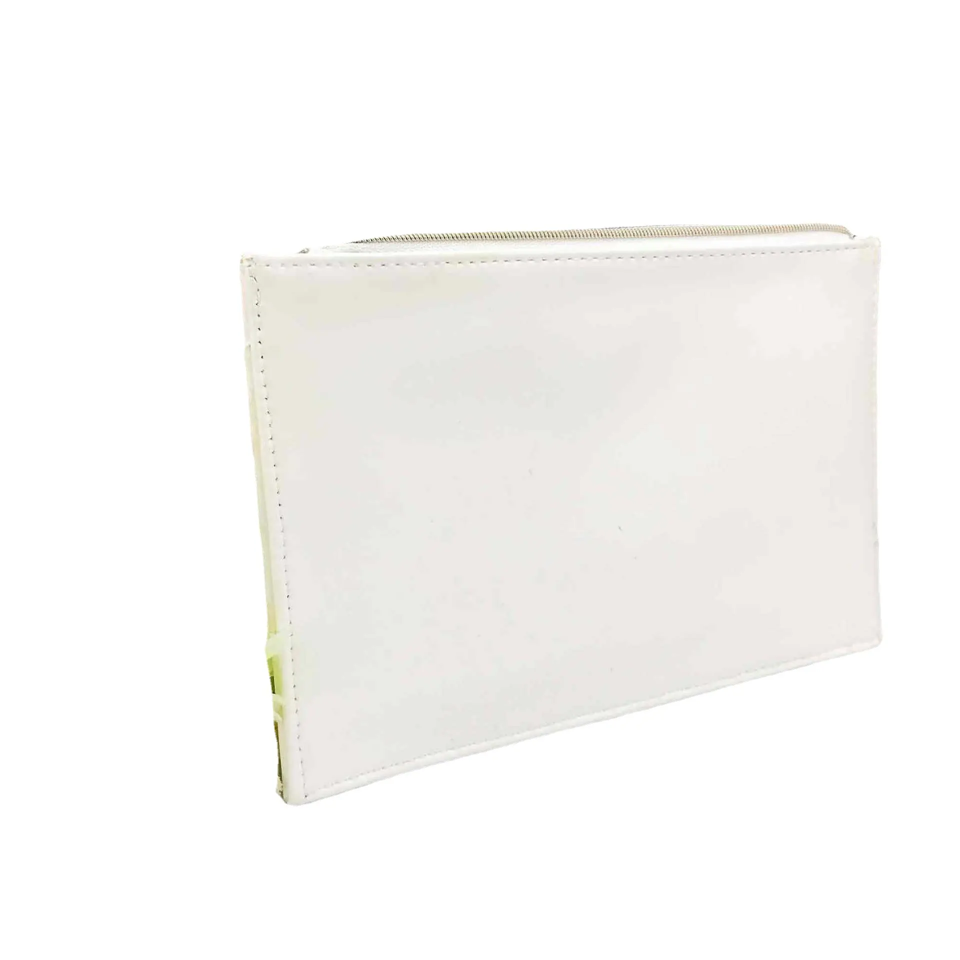 Bolsa de cosméticos de cuero PU blanca personalizada con cremallera plana patrón geométrico colorido bolsa de cremallera con correa suave para niñas impresión personalizada