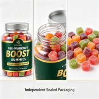 Gummies pré-entraînement en gros pour adolescents et adultes, boost de guarana, caféine, B12, 70 pièces, saveur fruits mélangés, OEM ODM, approvisionnement en vrac