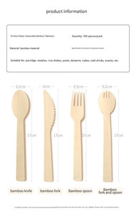Ensemble de couverts jetables en bambou personnalisés avec logo, emballés individuellement, 170 mm, 17 cm, couteau, fourchette, cuillère - Product Image 4