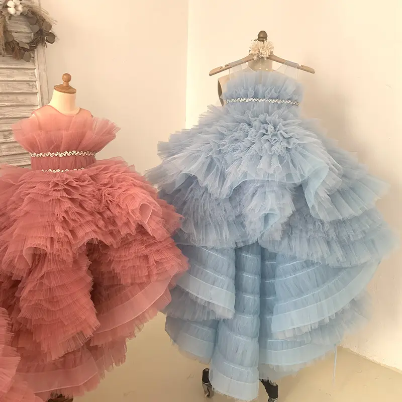 Aangepaste Kleur Kinderen Luxe Baljurk Prinses Tule Geplooide Bubble Cake Jurk Kinderen Podium Kostuum Meisjes Avondjurken