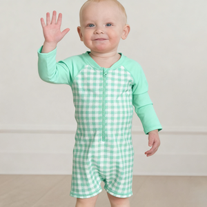Combinaison <span class=keywords><strong>de</strong></span> <span class=keywords><strong>bain</strong></span> raglan à fermeture éclair sur le devant en tissu extensible pour bébé, idéale pour la plage – Accepte les commandes en gros - Product Image 1