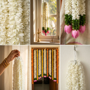 Artificial <b>White</b> Flower <b>Hanging</b> Garland with Pink Bud Accents Decorative Floral Mala for Wedding Decoration Temple - Product Image 6