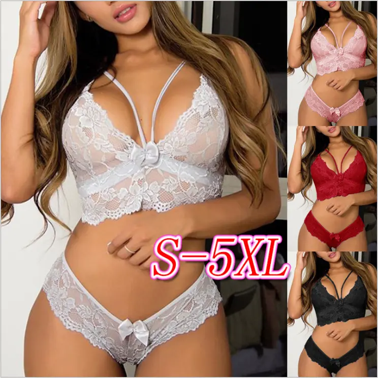 Ensemble de lingerie sexy pour femmes, grande taille 5XL, transparent, dentelle, vente en gros, soutien-gorge et culotte érotiques pour femmes