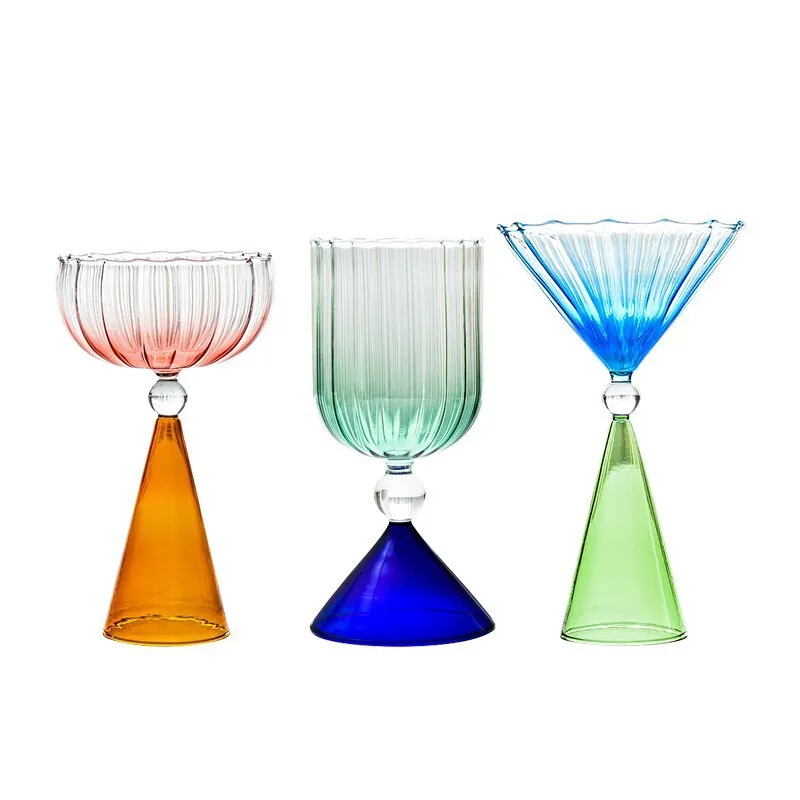 Customized Creative Striped Cup High Borosilicate Hand Blown Drinkware Goblet Martini Glass Wine Glass