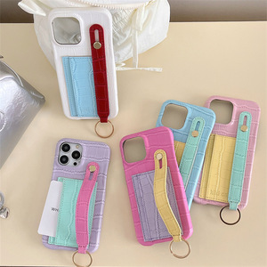 Funda con Correa para Muñeca y Textura de Cocodrilo en Bloques de Color para iPhone 16 Pro Max 15 14 13, Carcasa Protectora Rígida para Mujer - Product Image 1