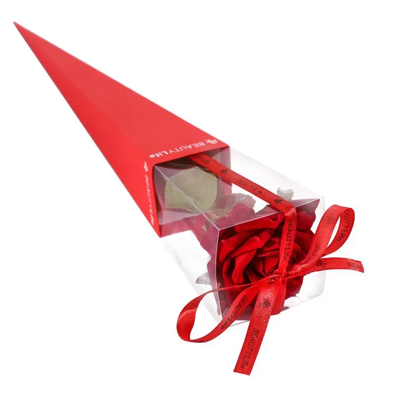 Emballage plat de luxe en PVC, Triangle de roses simples, Bouquets de fleurs de saint-valentin, emballage en papier, boîte-cadeau avec ruban