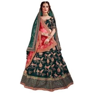 Vêtements de mariée ethniques brodés vert foncé Lehenga Choli pour mariages indiens et pakistanais - Product Image 1