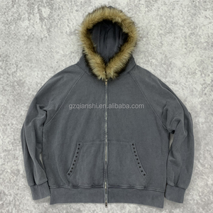 Custom Winter Vintage Double Zip Hoodies Cotton Heavy Weight Faux <b>Fur</b> Hat Hoodie Manufacturers Oversized Acid Wash Zip up Hoodie - Product Image 1