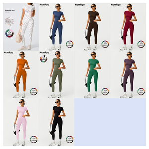 Set celana Yoga lengan pendek wanita, kemeja lengan pendek legging pinggang tinggi untuk atletik Gym 2 potong leher bulat dan celana Yoga - Product Image 2