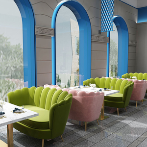 Meubles de restaurant commerciaux modernes, sièges en velours rose et vert, canapé en velours, pieds dorés, table à manger en marbre pour café <span class=keywords><strong>bistrot</strong></span> - Product Image 2