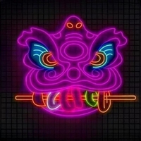 Enseigne lumineuse LED personnalisée en forme de tête de lion effectuant la danse du lion chinoise avec un bâton dans la bouche