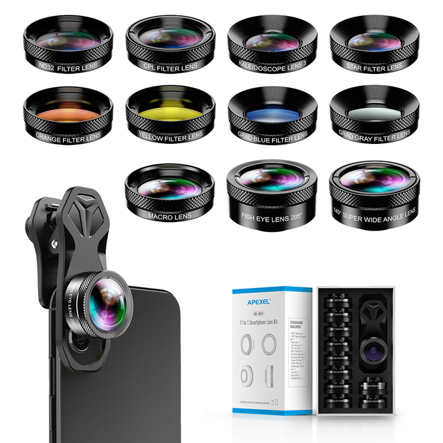 Apexel Clip 11 in 1 Professional Phone Camera Macro Lens Portable Filter Kit Fisheye Lens for iphone