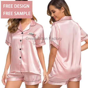 Biểu Tượng Tùy Chỉnh Womens Lụa Satin Đồ Ngủ Thiết Lập Ngắn Tay Áo Ngủ Nút Xuống Đầu Và Quần Short Loungewear 2 Mảnh Pjs Thiết Lập - Product Image 1