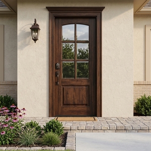 Puerta de Entrada Principal de Madera Sólida de Nogal Oscuro con Panel de Vidrio de 6 Paneles Estilo Americano con Cerradura Inteligente - Product Image 2