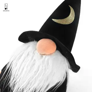Halloween Decor Black Wizard With Hat Tumbler Toy Velvet Moon Star Embroidery Cushion Pillow For Home Sofa