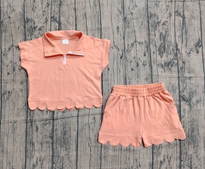 Ensemble décontracté en coton imprimé personnalisé pour petites filles, respirant, avec fermeture éclair pour chemise et short à bord festonné, vêtements pour enfants - Product Image 2