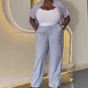 African Casual Women's Wear Striped Cardigan Short-Sleeve Shirt Long <b>Pants</b> 2-Piece Set Fashion - Product Image 1