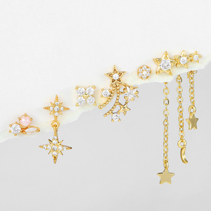 الجملة S925 الفضة إبرة المتخصصة بسيطة القمر ستار على شكل سلسلة طقم من الحلقان الزركون ترصيع الكورية 6 قطعة الفتيات 18k القرط - Product Image 5