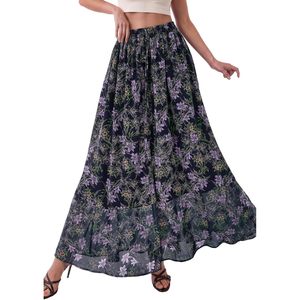 FOXA Maxi <b>Skirt</b> Women High Waist Floral Print Chiffon Flowy <b>Long</b> <b>Skirt</b> With Slit For Beach Vacation Travel <b>Summer</b> Wear - Product Image 5