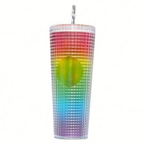 Bouteille d'eau en acrylique à double paroi 710 ml, grande capacité, gobelet laser arc-en-ciel en plastique pour fête avec paille - Product Image 3
