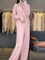 Style européen haut de gamme femmes rose cachemire tricoté tenue respirant deux pièces ensemble solide bouton Cardigan veste été décontracté