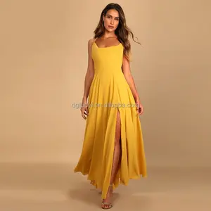 Hochwertige elegante Hochzeiten Romantisch sprechende senfgelbe Kapuze Schnür-Maxi kleid Lange Brautjungfer kleider