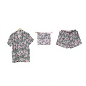 Conjunto de Pijama de Verano para Mujer, Algodón Indio, Estampado a Mano, Manga Corta, Camisa y Pantalón, Logotipo Frontal, Elegante para el Hogar - Product Image 1