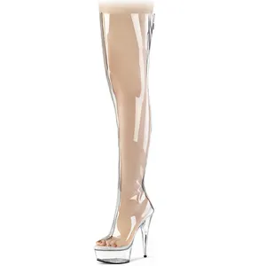15cm 여성용 나이트 클럽 투명 오버 니 부츠 6 인치 섹시한 페티쉬 크리스탈 바닥 극 댄스 투명 고딕 얇은 발 뒤꿈치