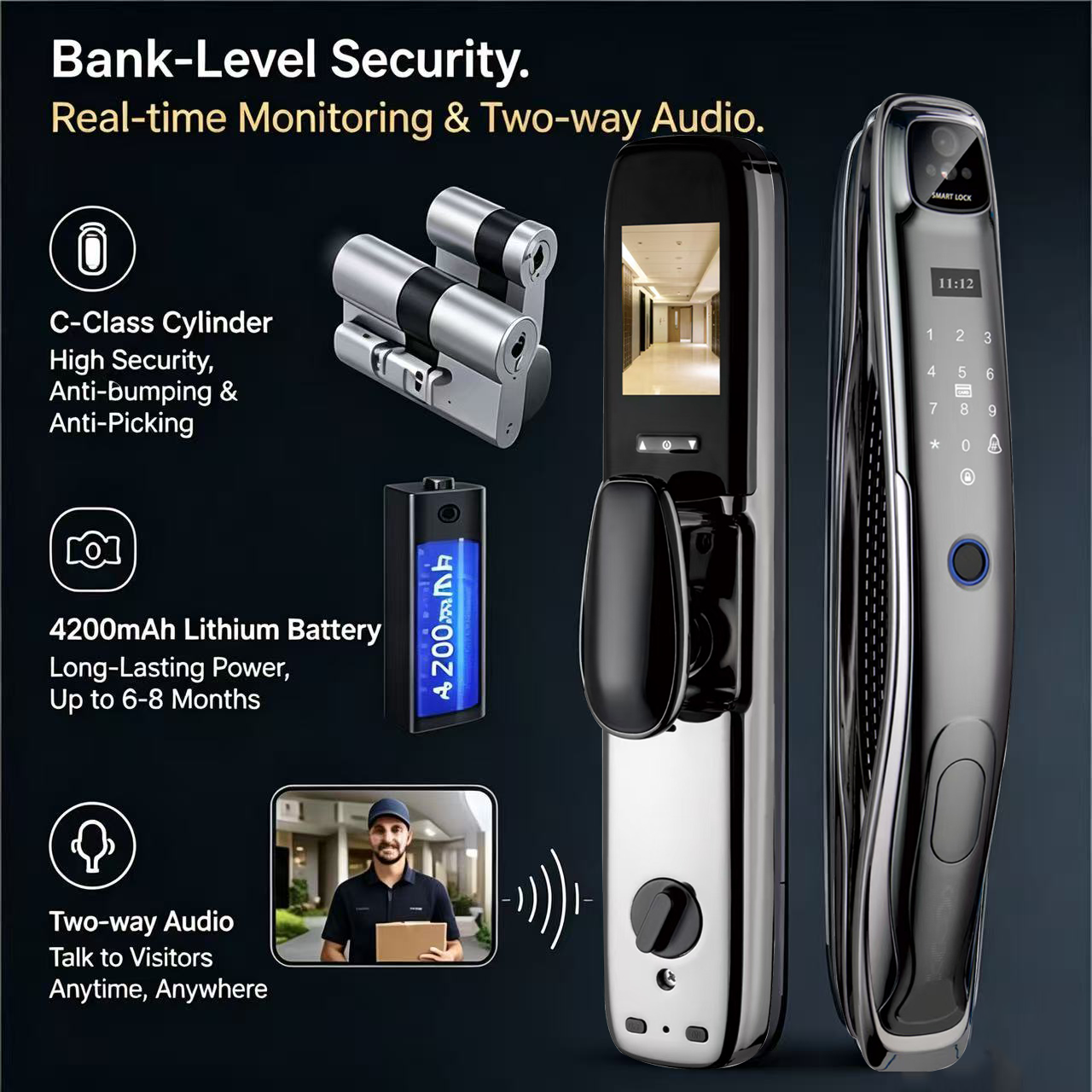 Home Outdoor Luxury Front Door Aluminum Electronic TTLock Key Fingerprint Smart Door Lock Electronic With Deadbolt With Camera · image 3
