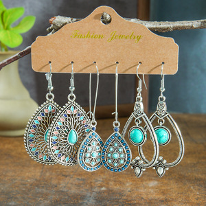 Boucles d'oreilles pendantes fantaisie en forme de goutte d'eau, style bohème, en alliage plaqué argent antique, pour femme, lot de boucles d'oreilles de soirée - Product Image 2