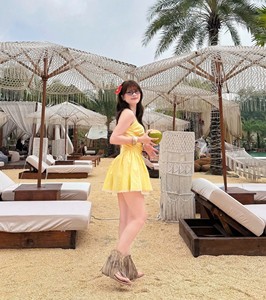 Yellow Woven <b>Spaghetti</b> <b>Strap</b> Bow Bust Mini Dress Vietnam Line Dress Sweet Feminine Bow Tie Front Bust Cup Design - Product Image 4