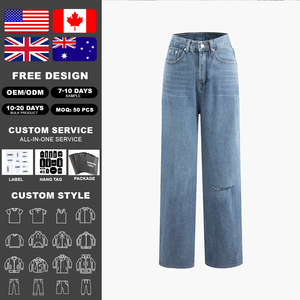 Jean KingSen pour femme, taille haute, patchwork, coupe droite, jambe large, 5 poches, style color block, décontracté, streetwear en denim - Product Image 2