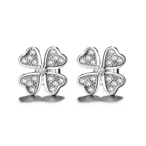 Fine 925 Sterling Silver With Rhodium Plated Clover Leaf Stud Earrings For Girl