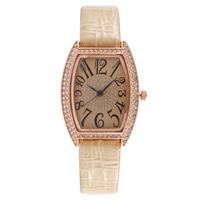 Montre pour femme Douyin Live Streaming, bracelet en cuir, boîtier en alliage incrusté de diamants, design écologique en forme de baril à vin, mouvement à quartz