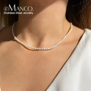 Collar de perlas de imitación eManco de 3 mm, ovalado, blanco, de acero inoxidable, cadena para clavícula para mujer, venta directa de fábrica. - Product Image 1