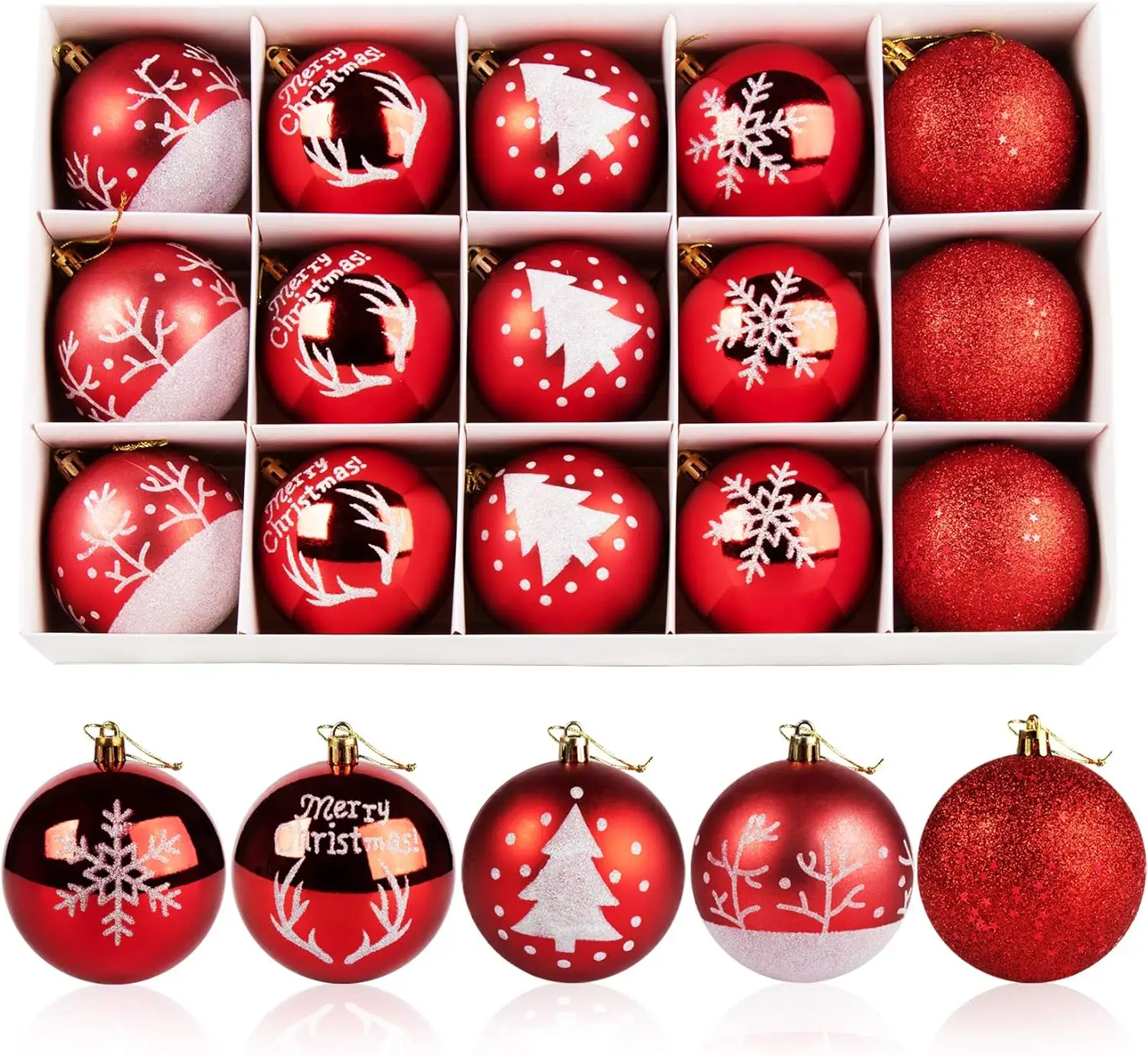 Yiwu Merry Tree Amazon vendita calda palla di Natale in plastica dipinta di bianco e rosso 8cm con disegni dipinti a mano per decorazioni albero