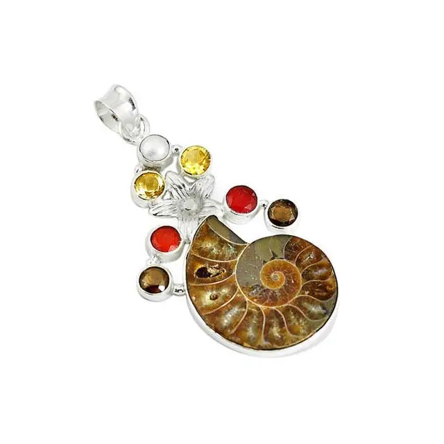 Handmade 925 Sterling Silver Ammonite Multi Gemstone Pendant 9.25 Solid Handmade Silver Jewelry For Woman Wedding Necklace Gift