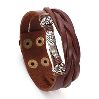 Bracelet Manchette Aile d'Ange en Cuir PU Marron Multi-Tours pour Hommes et Femmes, Accessoire Vintage Bohème – Vente en Gros