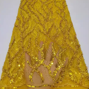 Ancho 125 cm oro brillante lentejuelas bordado cuentas malla nigeriana tela pesada tul encaje tela para vestido de novia - Product Image 1