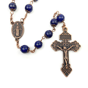 Rosario Cattolico con Perline di Giada Lazurite, Medaglia Miracolosa Cristiana e Croce, Realizzato con Pietre Naturali Blu <span class=keywords><strong>Navy</strong></span> - Product Image 5