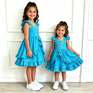Robe de princesse bleu turquoise <span class=keywords><strong>pour</strong></span> filles, manches bouffantes, bordure dorée croisée, <span class=keywords><strong>jupe</strong></span> à volants superposés, robes décontractées <span class=keywords><strong>pour</strong></span> enfants, robes de fête <span class=keywords><strong>pour</strong></span> enfants - Product Image 2