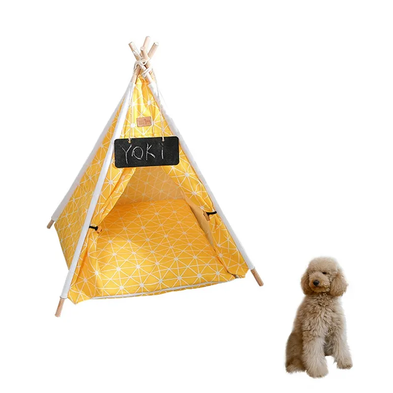 Pet Supplies Indoor Pets Sleeping Teepee Tent Stable Wood Linen Breathable Washable Dog Tipi Kennels with Cushion