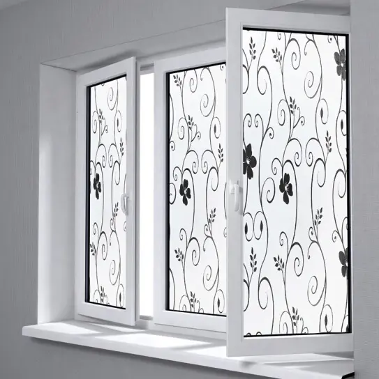 Film jendela dekoratif rumah perekat diri film kaca Privasi PVC dengan pola tanaman merambat hitam dan putih 90*500cm gulungan besar