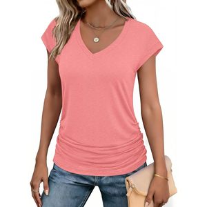 FOXA <b>Womens</b> Ruched <b>V</b> <b>Neck</b> <b>T</b> <b>Shirt</b> Cap Sleeve Breathable Jersey Top Casual Spring Summer Outfit - Product Image 1