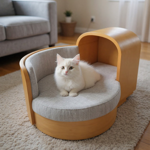 Cama Redonda Moderna para Gatos, Tipo Sofá, Semicerrada, de Madera, con Cojín Lavable, Decoración para Mascotas en Interiores - Product Image 4